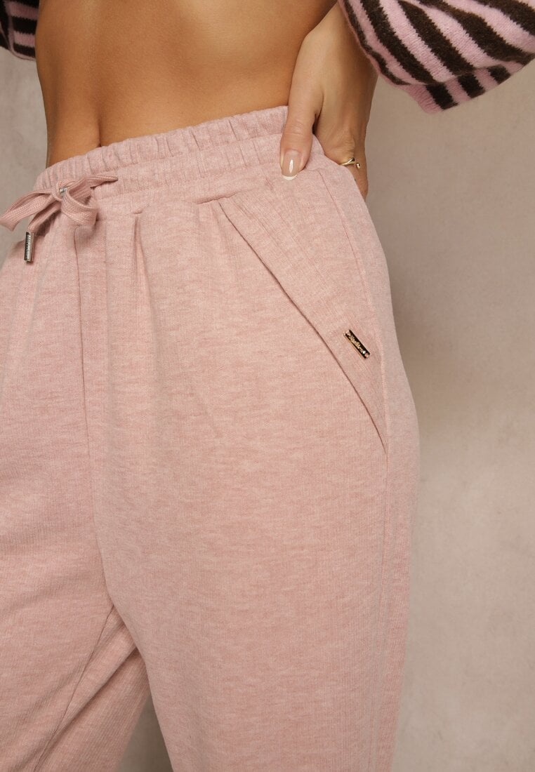 Różowe Spodnie High Waist z Gumką i Troczkami w Pasie Rallena
