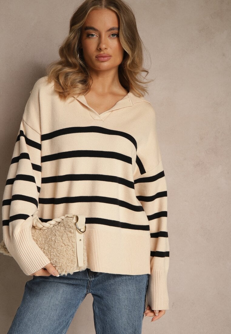 Czarno-Beżowy Sweter w Paski z Dekoltem w Serek z Kołnierzykiem Ralinavia