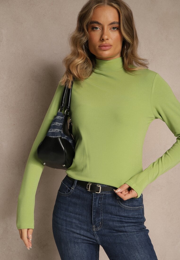 Zielona Casualowa Bluzka z Golfem Longsleeve Ralaia
