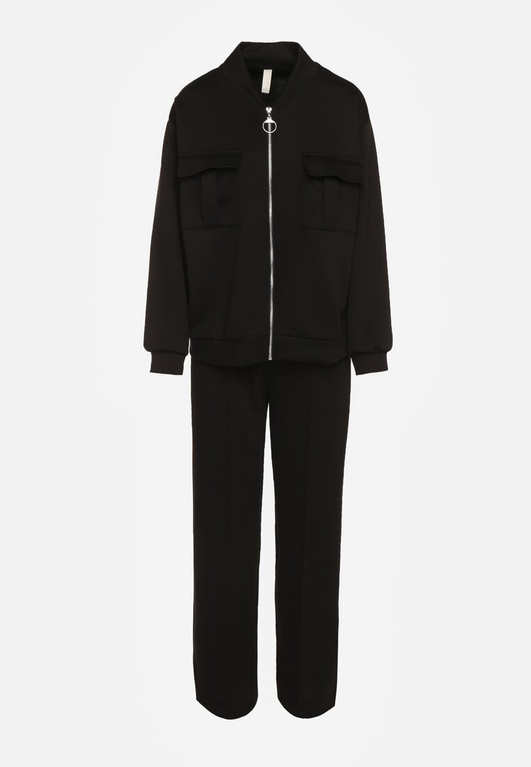 Czarny Komplet Dresowy z Bawełny Zasuwana Bluza i Spodnie Teviora