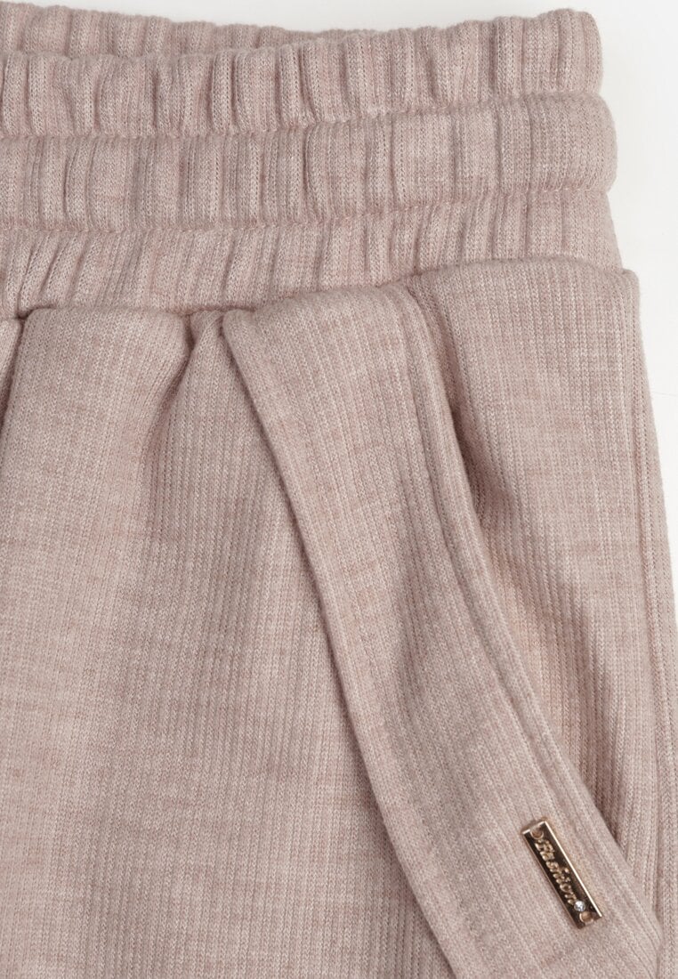 Beżowe Spodnie High Waist z Gumką i Troczkami w Pasie Rallena