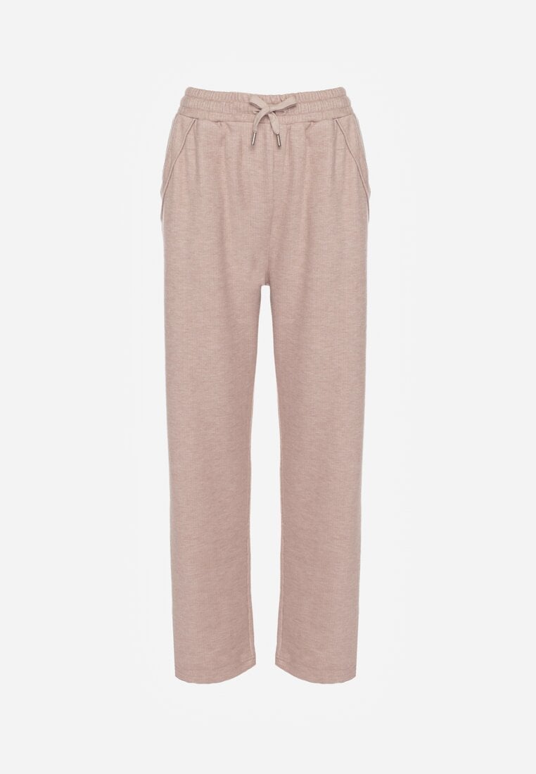 Beżowe Spodnie High Waist z Gumką i Troczkami w Pasie Rallena