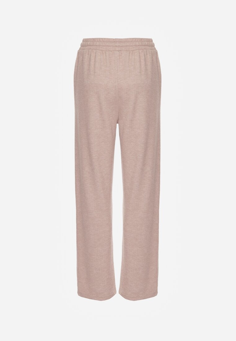 Beżowe Spodnie High Waist z Gumką i Troczkami w Pasie Rallena