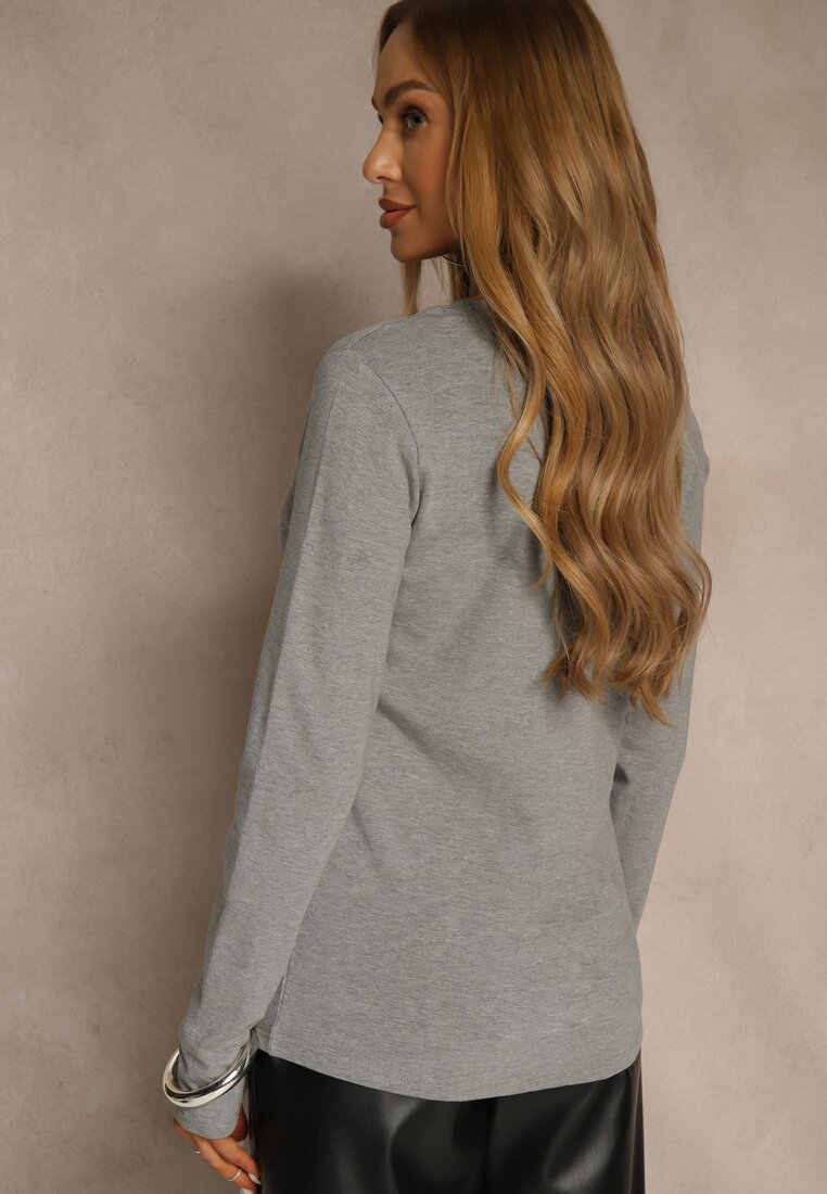 Szara Casualowa Bluzka Longsleeve z Okrągłym Dekoltem Unaladesa