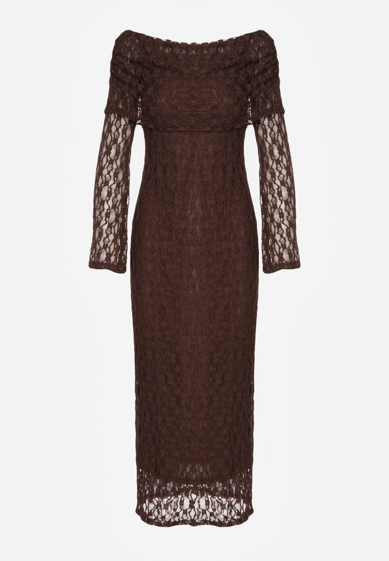 Brązowa Koronkowa Sukienka Koktajlowa z Odkrytymi Ramionami Eperria