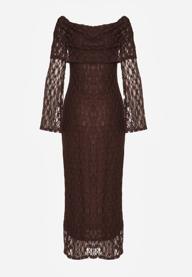 Brązowa Koronkowa Sukienka Koktajlowa z Odkrytymi Ramionami Eperria