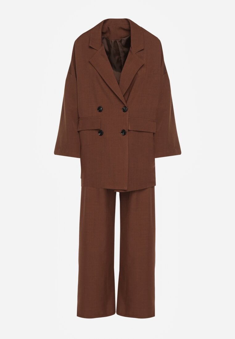 Brązowy Komplet Garniturowy Oversize Marynarka Dwurzędowa i Spodnie Wide Leg Tevilna