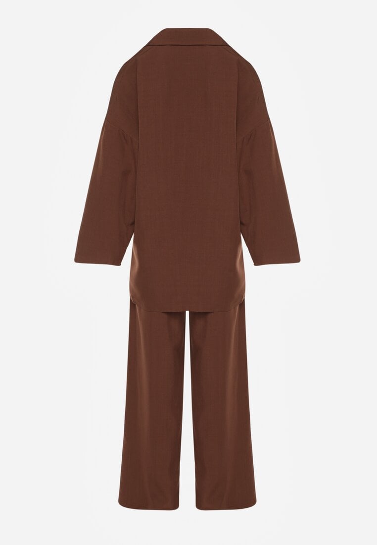 Brązowy Komplet Garniturowy Oversize Marynarka Dwurzędowa i Spodnie Wide Leg Tevilna