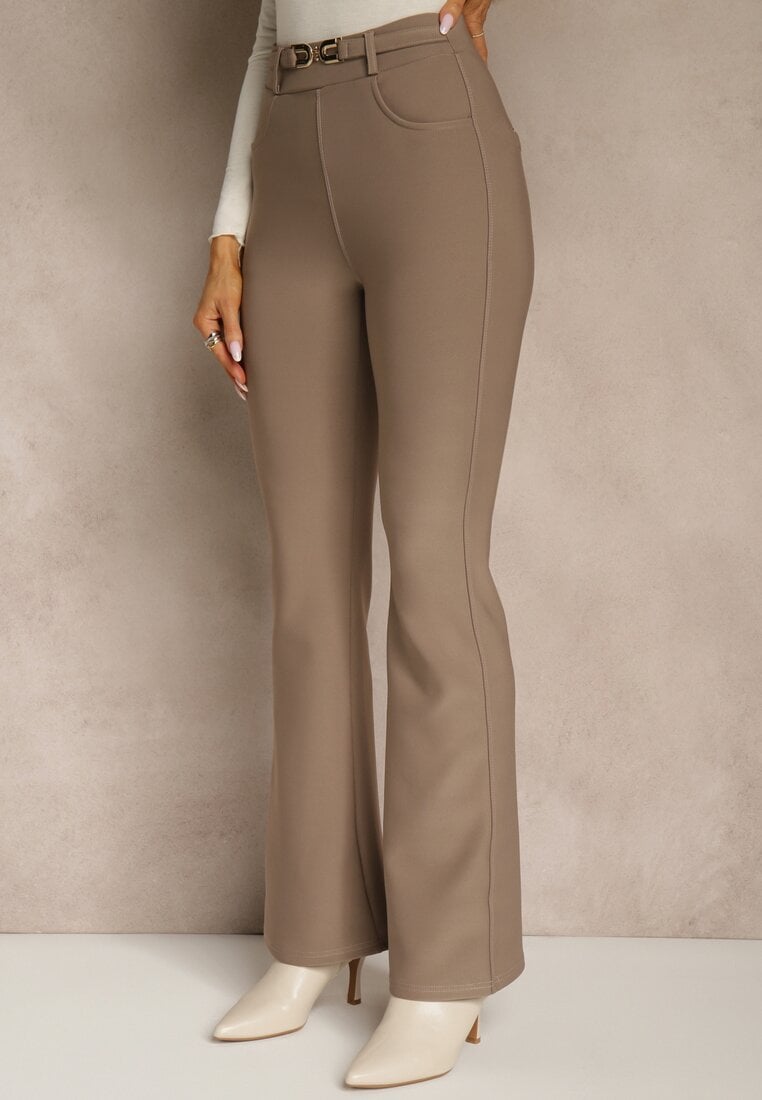Beżowe Spodnie Dzwony High Waist w Eleganckim Stylu ze Sprzączką Tevanda