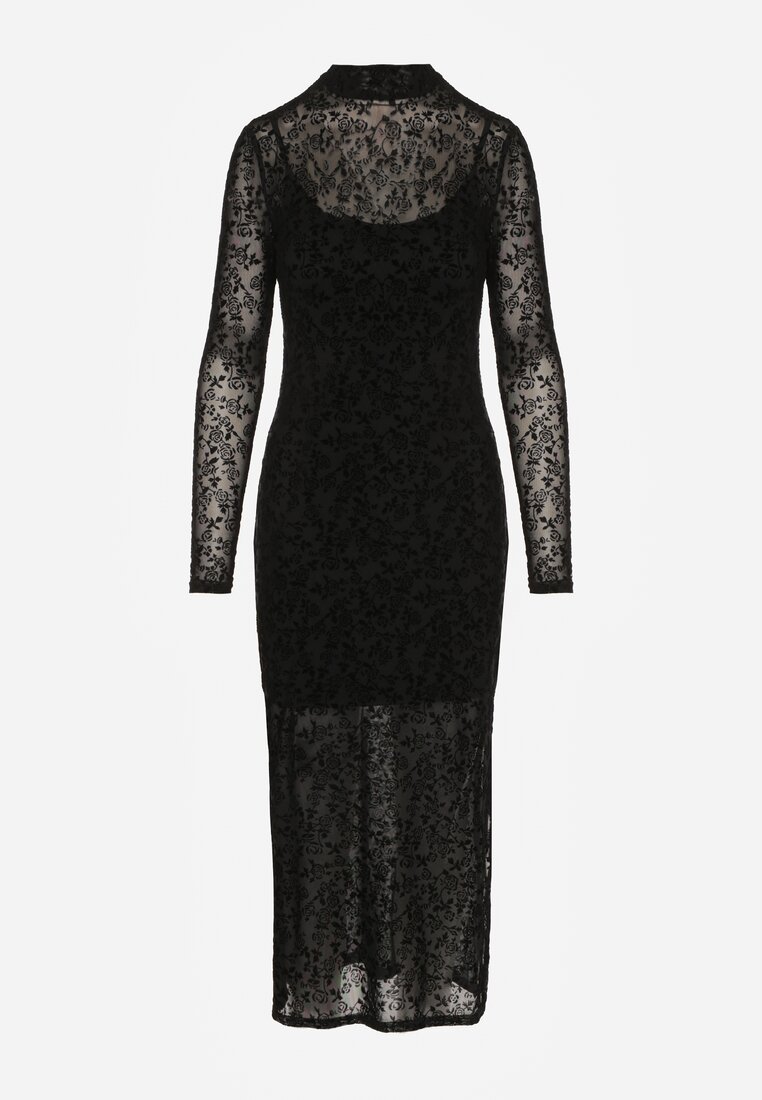 Czarna Koktajlowa Sukienka z Wiskozą w Welurowe Kwiaty Amette
