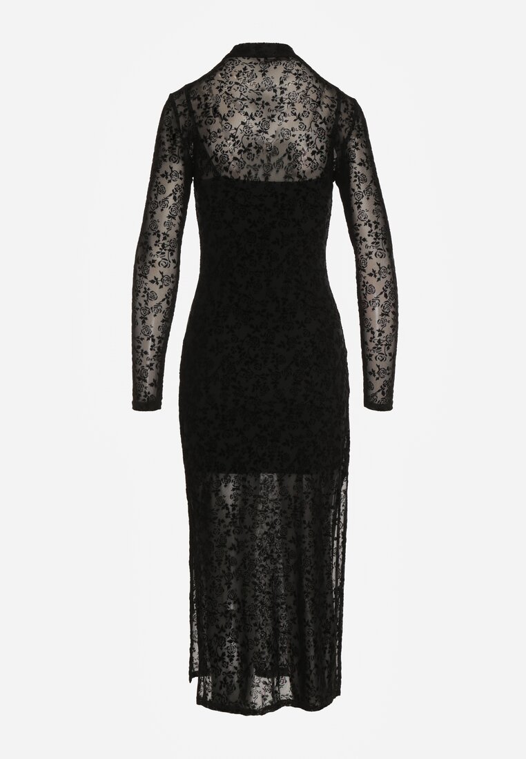 Czarna Koktajlowa Sukienka z Wiskozą w Welurowe Kwiaty Amette