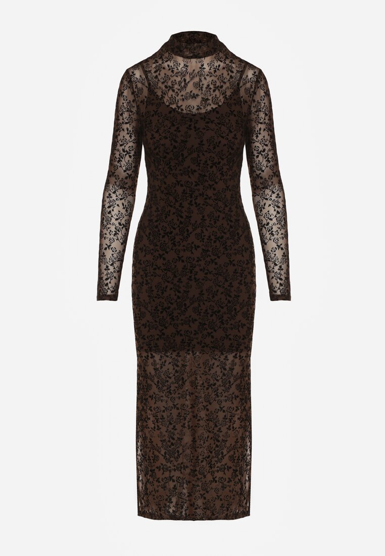 Brązowa Koktajlowa Sukienka z Wiskozą w Welurowe Kwiaty Amette