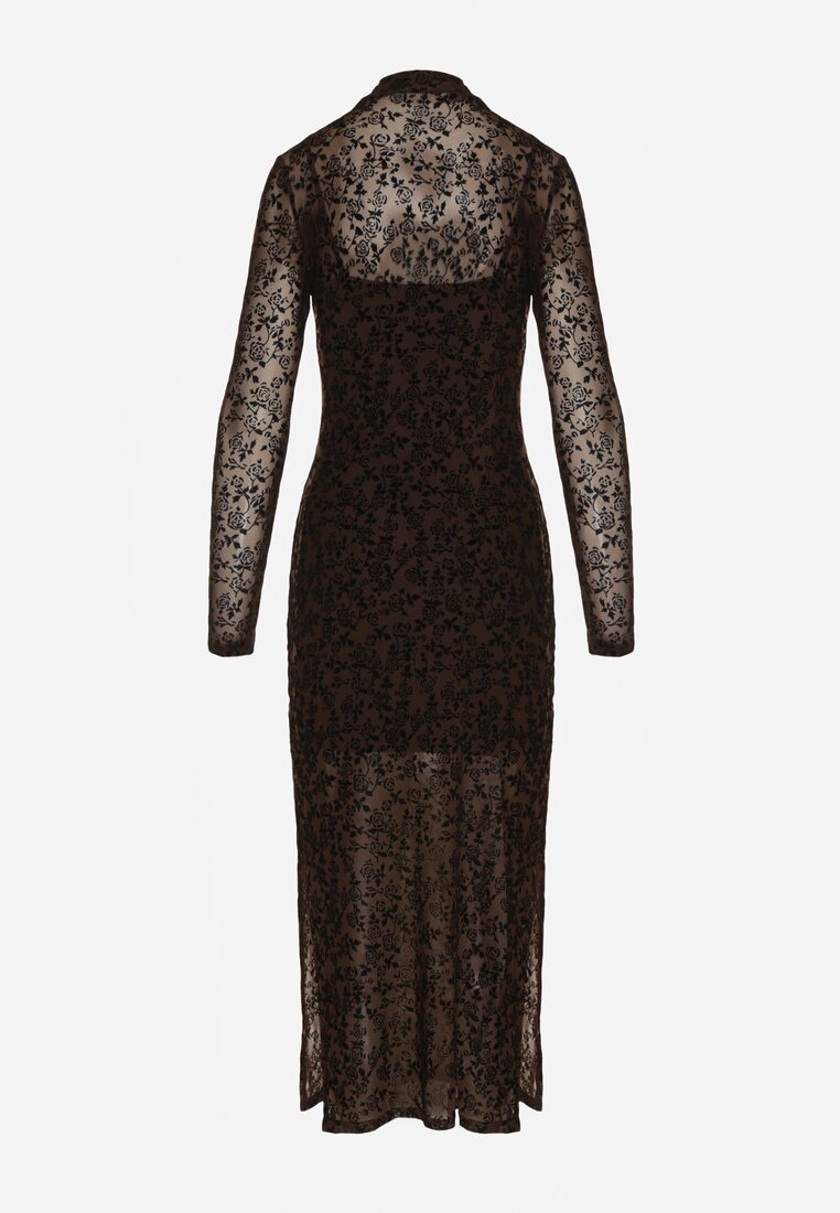 Brązowa Koktajlowa Sukienka z Wiskozą w Welurowe Kwiaty Amette