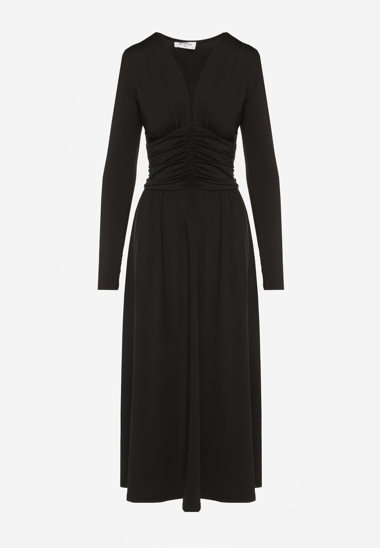 Czarna Taliowana Sukienka Longsleeve z Wiskozą z Marszczeniem i Dekoltem V Elirie