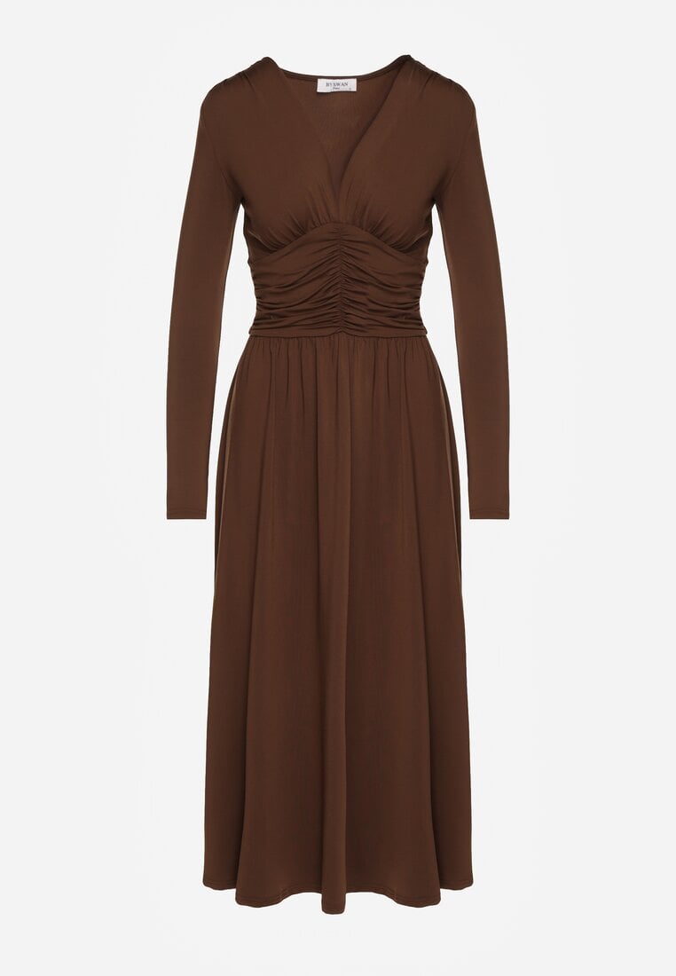 Brązowa Taliowana Sukienka Longsleeve z Wiskozą z Marszczeniem i Dekoltem V Elirie