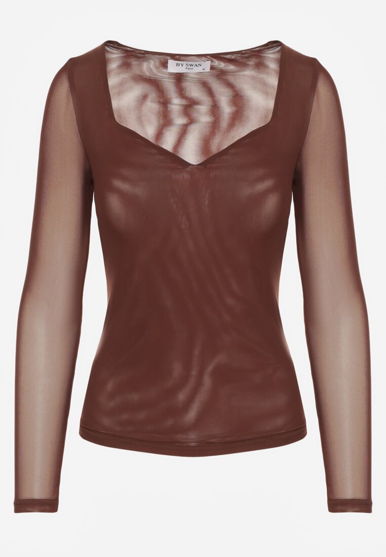 Brązowa Bluzka Longsleeve z Siateczki z Wiskozą z Dekoltem w Serce Elinevia