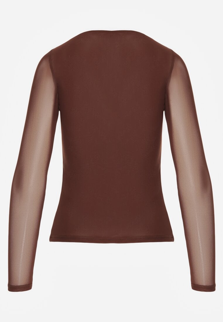 Brązowa Bluzka Longsleeve z Siateczki z Wiskozą z Dekoltem w Serce Elinevia