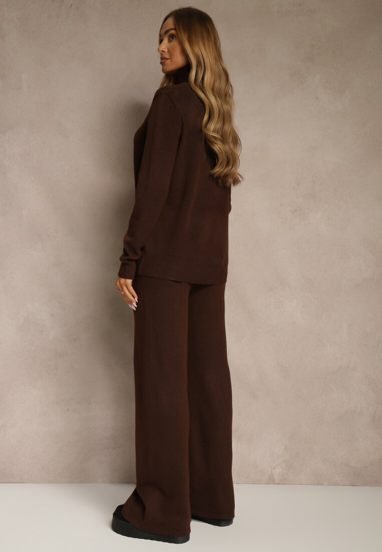 Brązowy Komplet Dzianinowy z Wełną i Bawełną Szerokie Spodnie i Golf Lennria