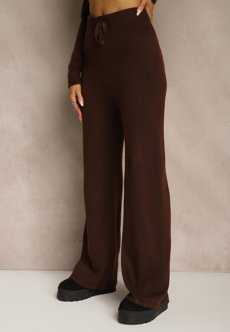 Brązowy Komplet Dzianinowy z Wełną i Bawełną Szerokie Spodnie i Golf Lennria