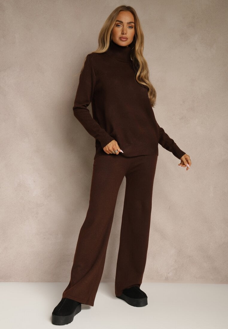 Brązowy Komplet Dzianinowy z Wełną i Bawełną Szerokie Spodnie i Golf Lennria
