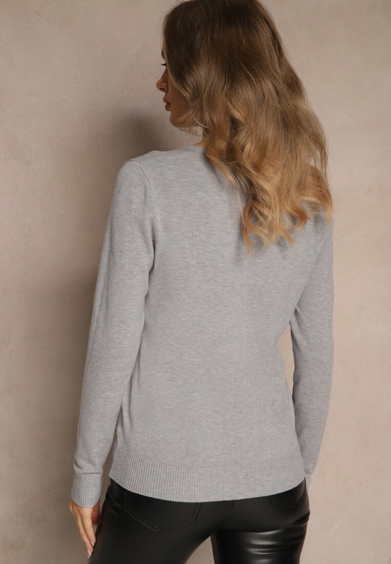 Szary Gładki Sweter w Minimalistycznym Stylu Tevra