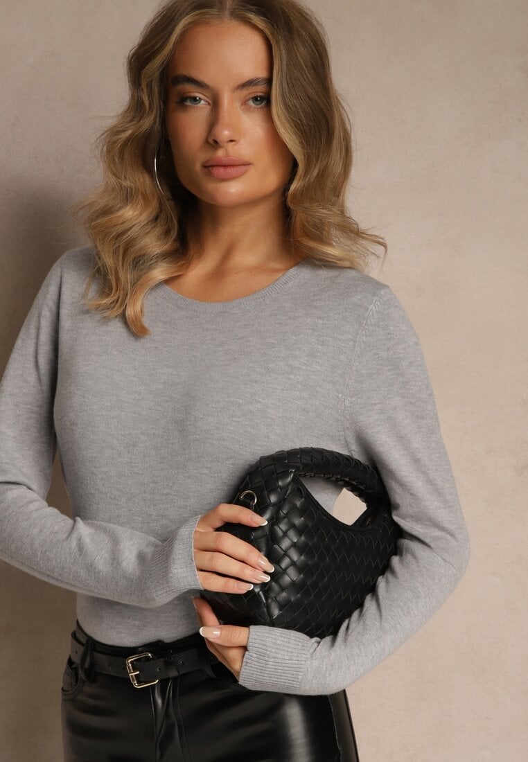 Szary Gładki Sweter w Minimalistycznym Stylu Tevra