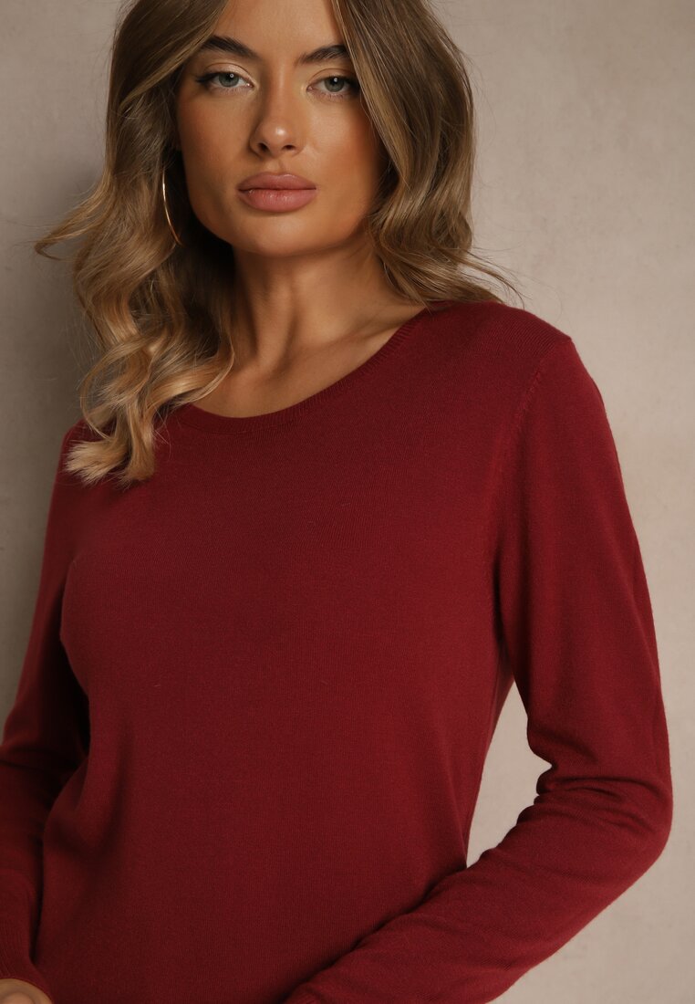 Bordowy Gładki Sweter w Minimalistycznym Stylu Tevra