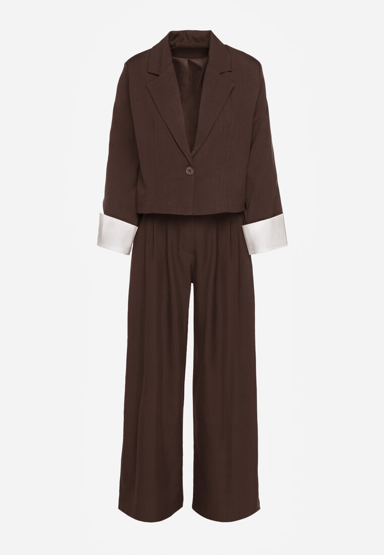 Ciemnobrązowy Garniturowy Komplet Marynarka i Spodnie z Kontrastującymi Zdobieniami Davirielle