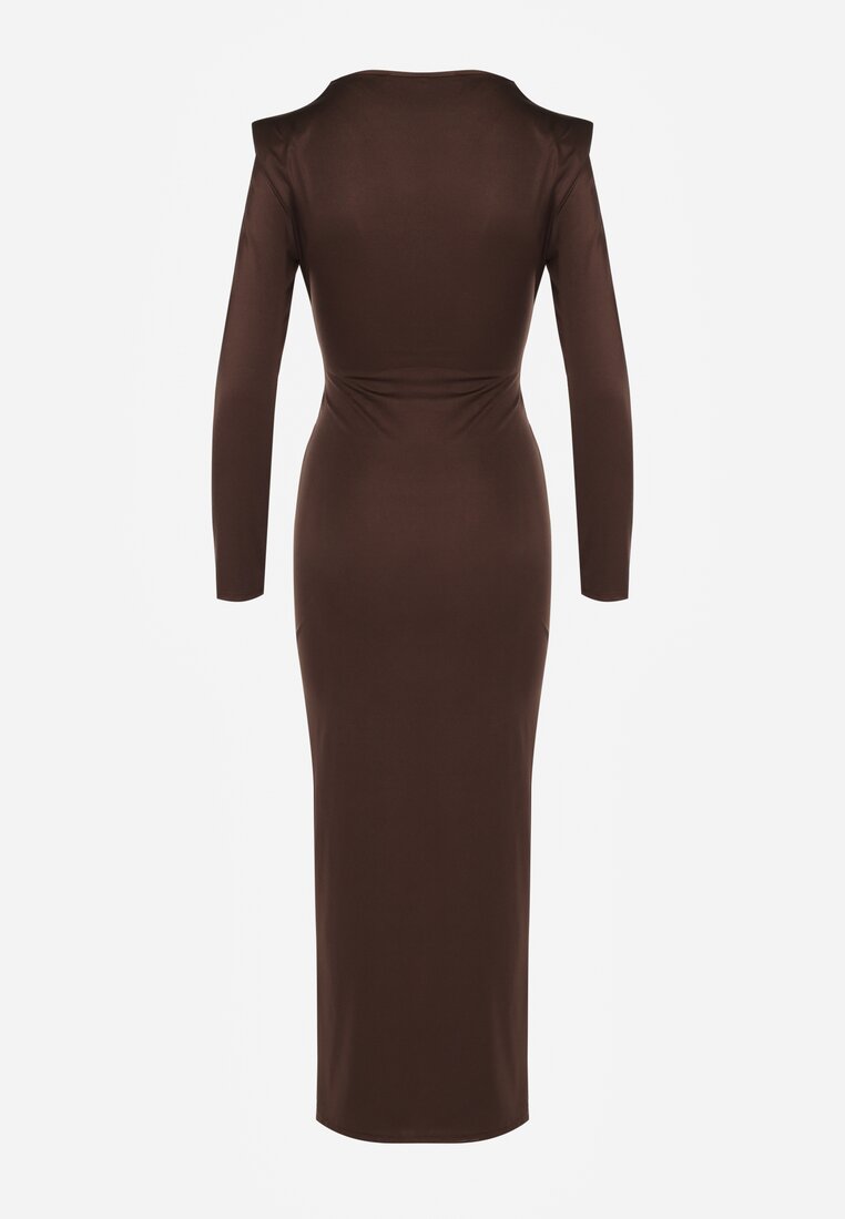 Brązowa Koktajlowa Sukienka z Rozcięciem na Nogę Zdobiona Trenem Atirga