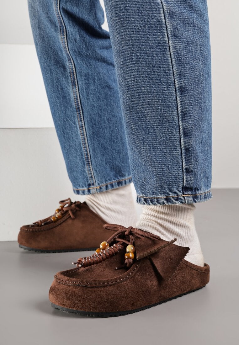 Bordowe Klapki Boat Shoes z Imitacji Zamszu z Kokardą i Koralikami Lodlia
