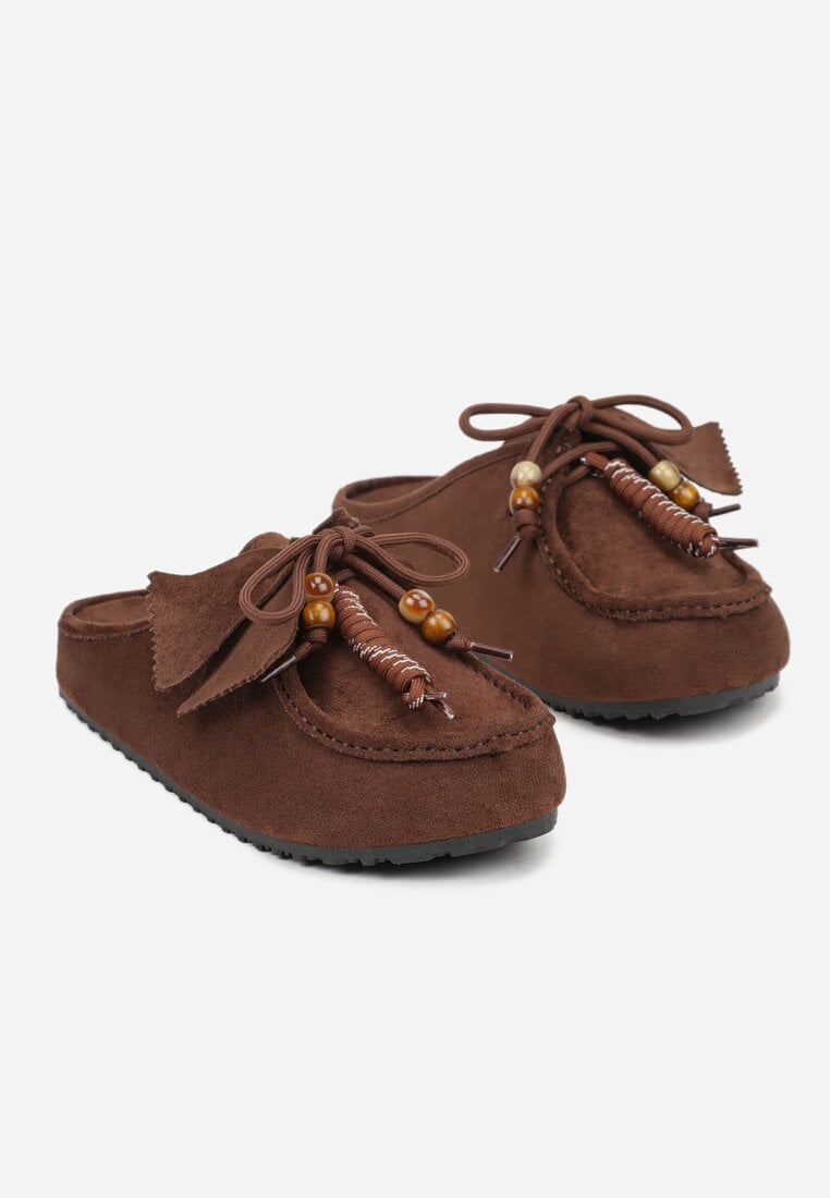 Bordowe Klapki Boat Shoes z Imitacji Zamszu z Kokardą i Koralikami Lodlia