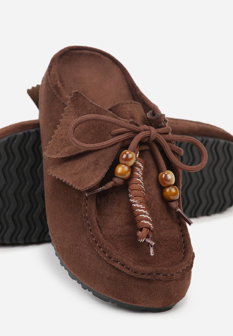 Bordowe Klapki Boat Shoes z Imitacji Zamszu z Kokardą i Koralikami Lodlia