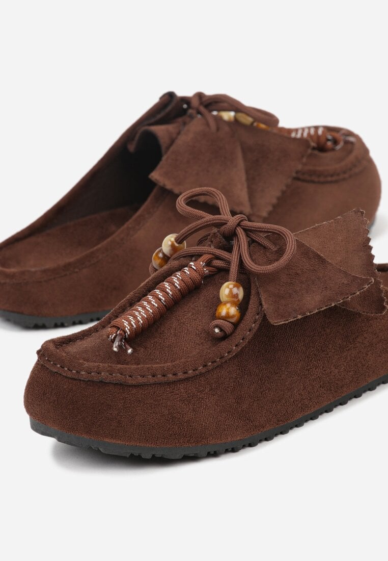 Bordowe Klapki Boat Shoes z Imitacji Zamszu z Kokardą i Koralikami Lodlia