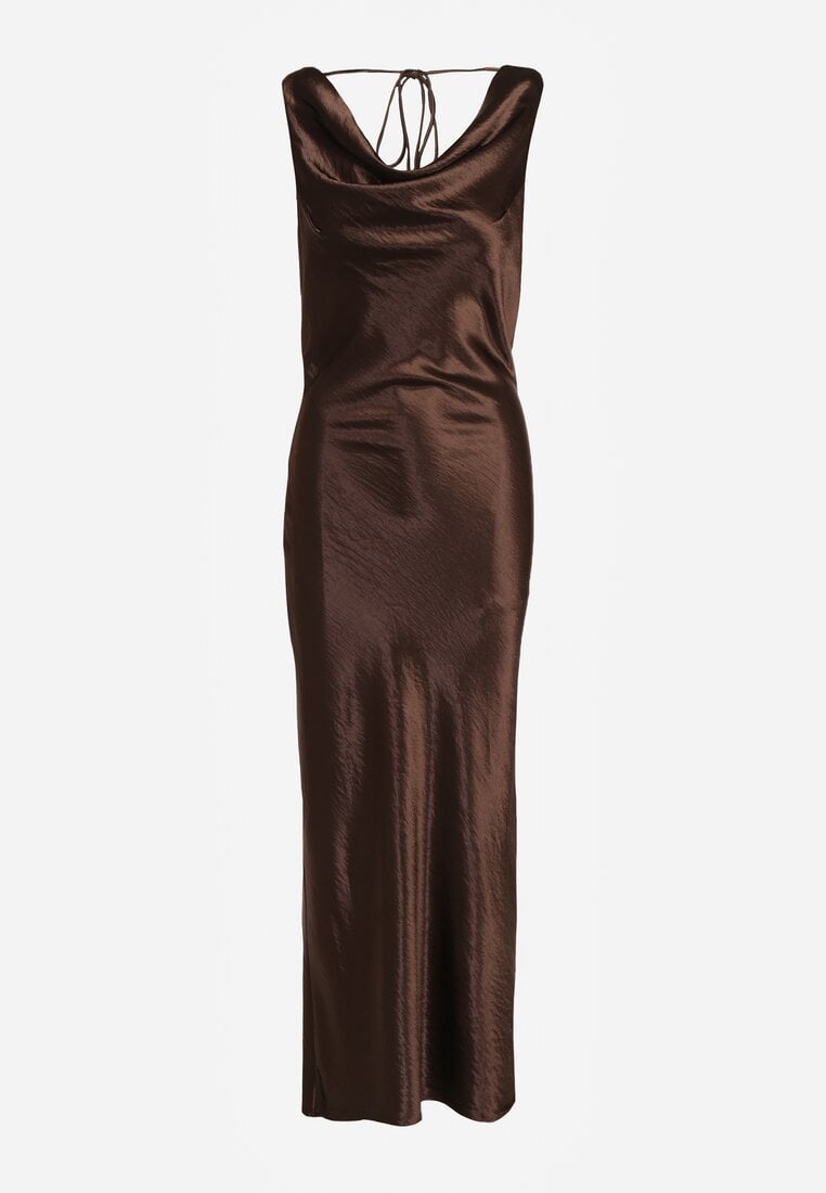 Brązowa Satynowa Wiskozowa Sukienka Koktajlowa z Bawełną Deleisana