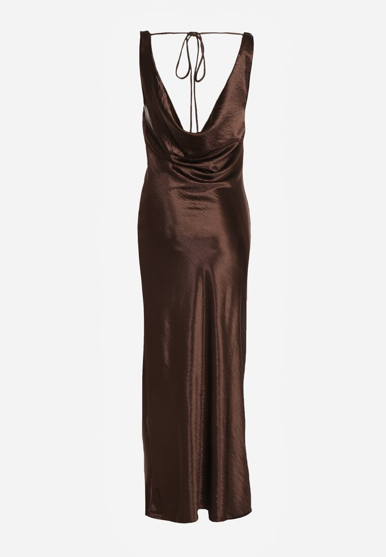 Brązowa Satynowa Wiskozowa Sukienka Koktajlowa z Bawełną Deleisana