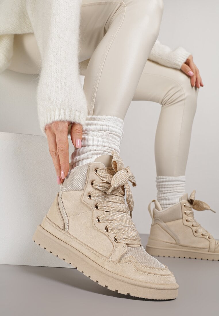 Beżowe Sneakersy Ozdobione Sznurówkami w Geometryczny Wzór Avoslia