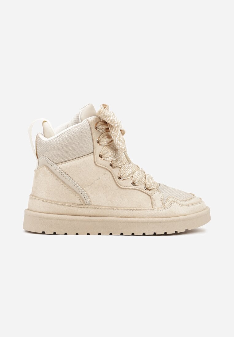 Beżowe Sneakersy Ozdobione Sznurówkami w Geometryczny Wzór Avoslia