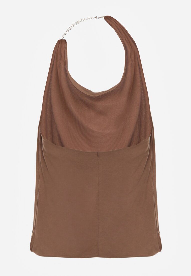 Brązowy Marszczony Top Halter z Łańcuszkiem i Kwiatem Przy Dekolcie Idivanna