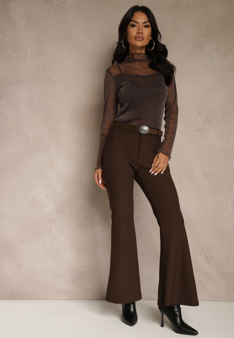 Brązowe Wiskozowe Spodnie Dzwony z Bawełną High Waist z Paskiem Lidassa