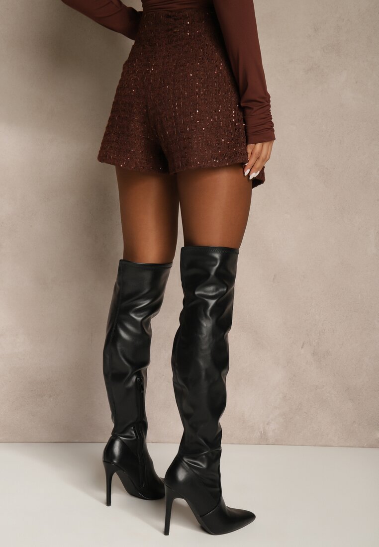 Brązowe Cekinowe Spódnico-Szorty z Wełną Fedalia