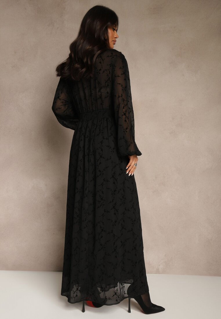 Czarna Rozkloszowana Sukienka z Siateczki w Kwiatowy Wzór Fezuna