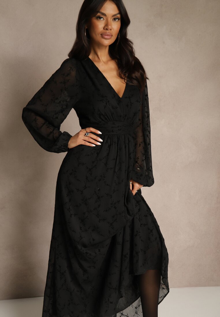 Czarna Rozkloszowana Sukienka z Siateczki w Kwiatowy Wzór Fezuna