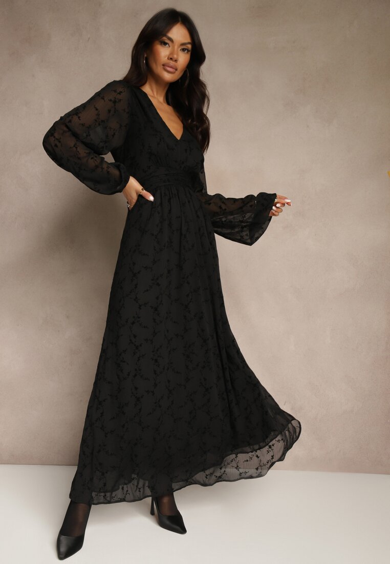 Czarna Rozkloszowana Sukienka z Siateczki w Kwiatowy Wzór Fezuna