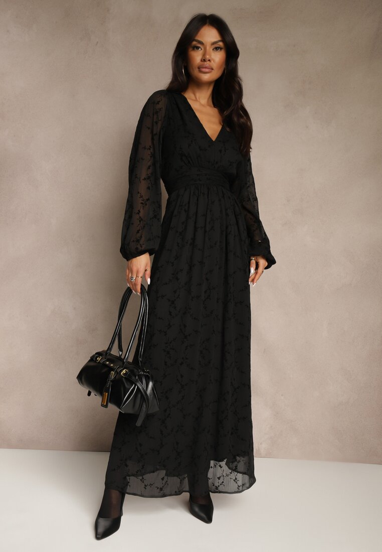 Czarna Rozkloszowana Sukienka z Siateczki w Kwiatowy Wzór Fezuna