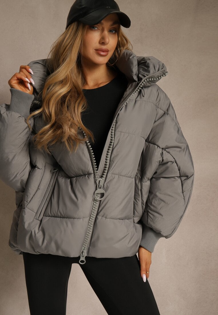 Szara Oversizowa Kurtka Puffer z Kaputrem Mevenassa