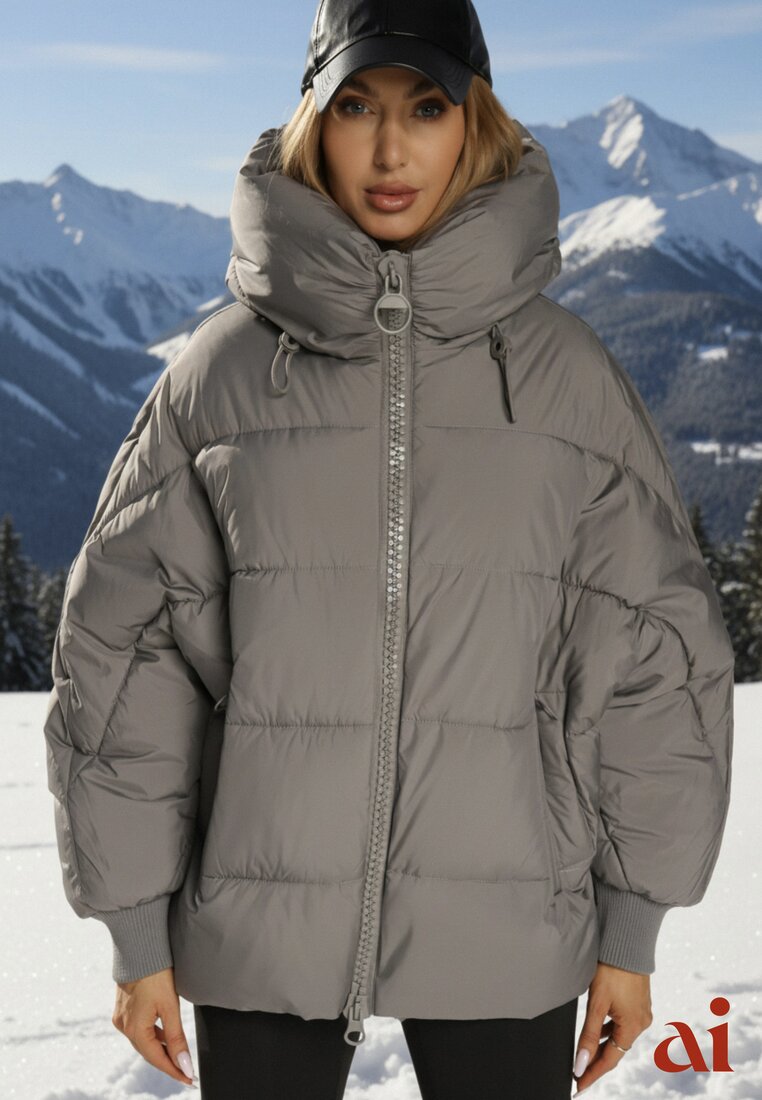 Szara Oversizowa Kurtka Puffer z Kaputrem Mevenassa