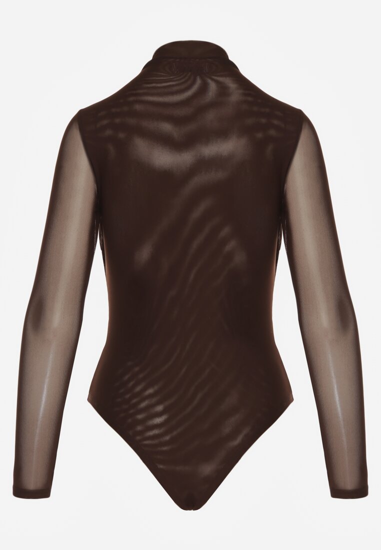 Brązowe Body Longsleeve ze Stójką z Siateczki z Domieszką Wiskozy Liravia