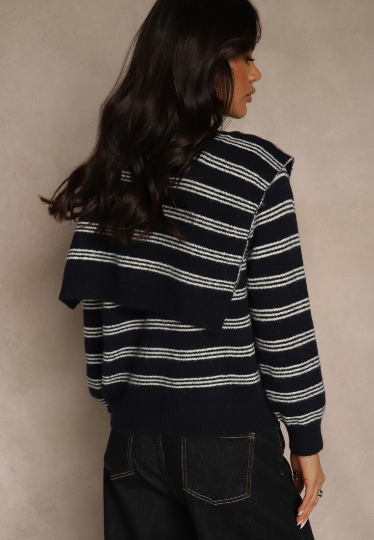 Granatowy Kardigan z Dodatkiem Wełny Zdobiony Wzorem w Paski i Narzutką Fedira