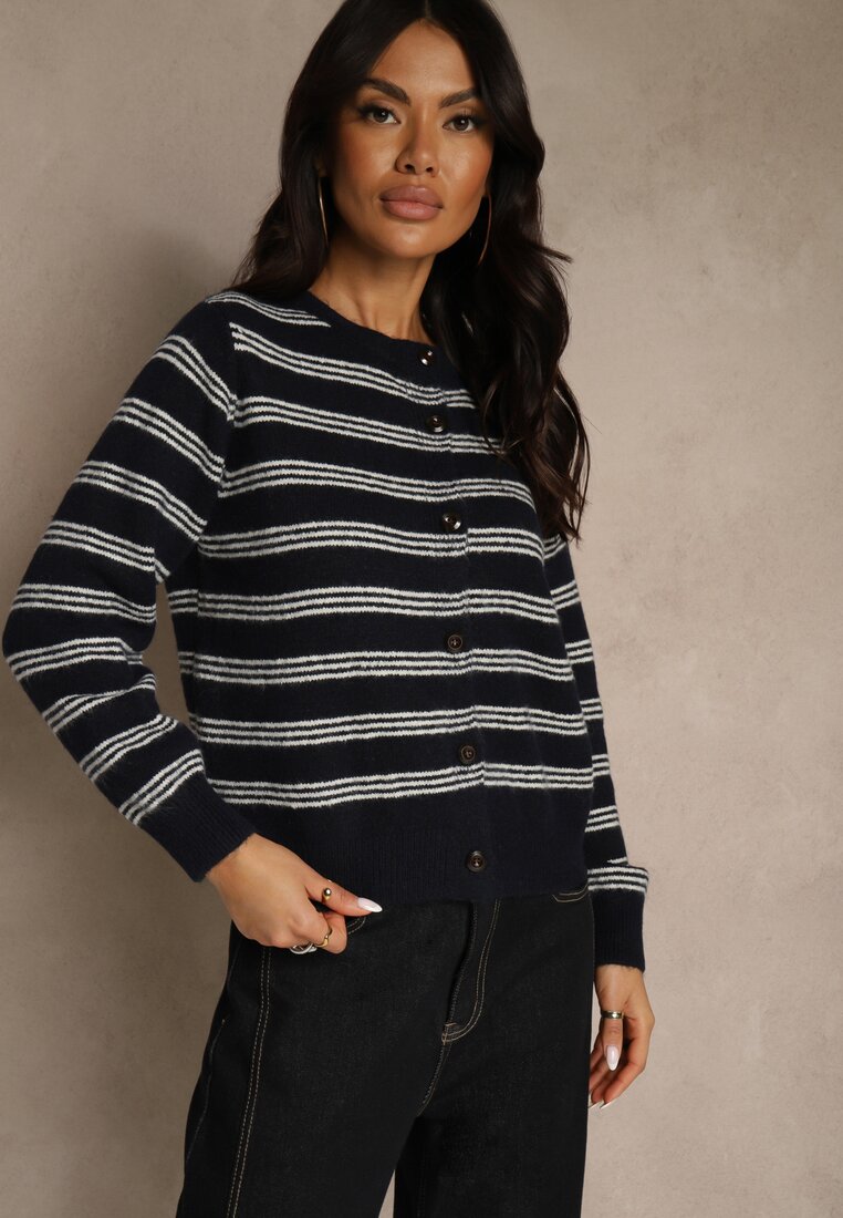 Granatowy Kardigan z Dodatkiem Wełny Zdobiony Wzorem w Paski i Narzutką Fedira