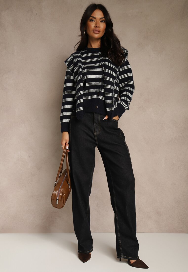 Granatowy Kardigan z Dodatkiem Wełny Zdobiony Wzorem w Paski i Narzutką Fedira